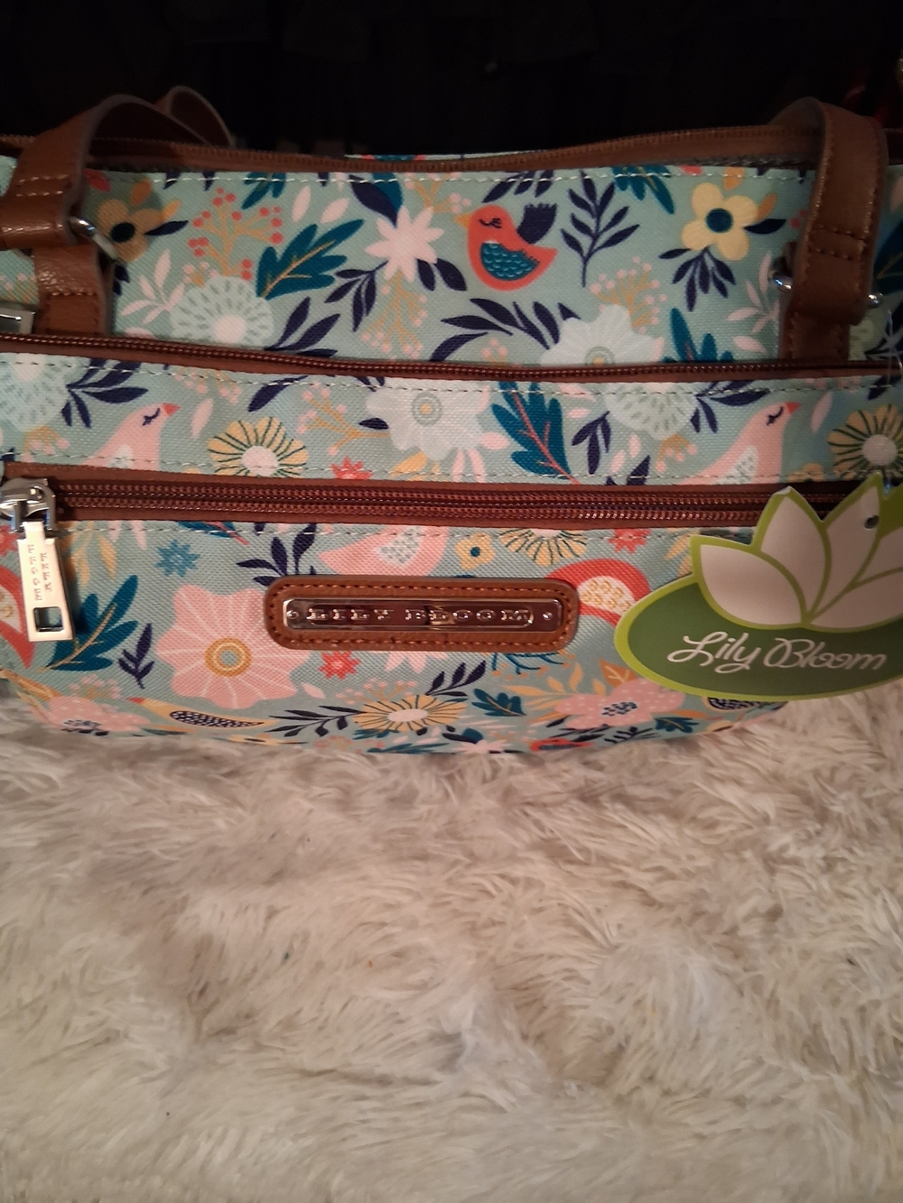 Lily Bloom Aqua Floral Shoulder Bag with Tan Trim
